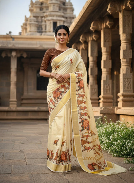 Southloom Kerala Tissue Kasavu Saree With Mural Festival Parasol and Elephant Design