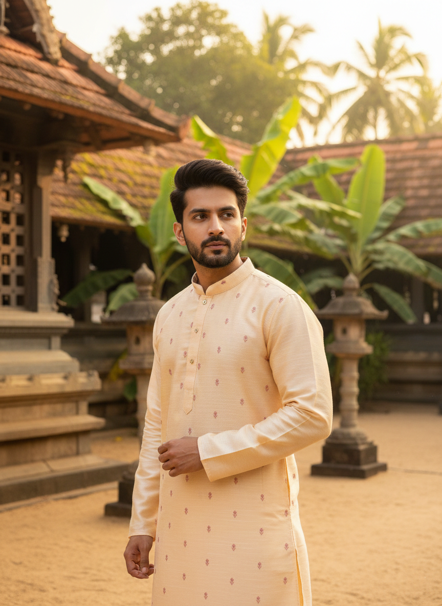 Southloom Beige Woven Patterns Semi Silk Short Kurta for Men