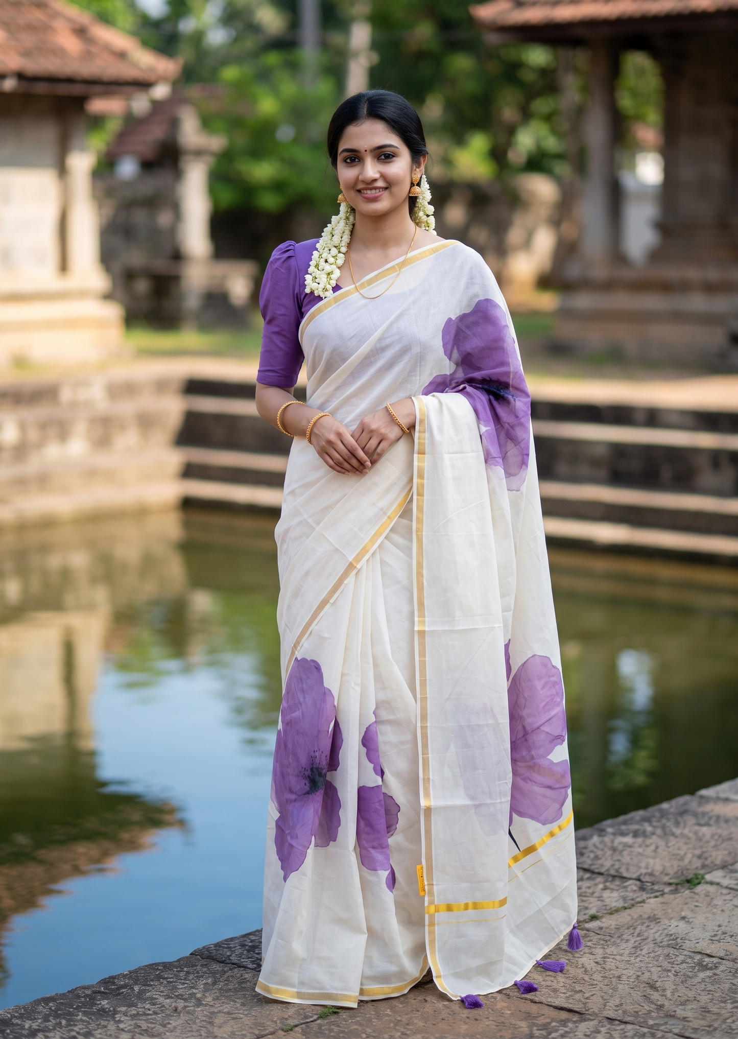 Kerala Southloom Cotton Saree with Floral Prints in Violet and Gold Border