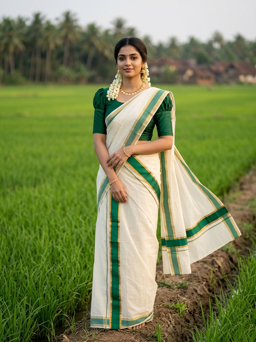Kerala Cotton Single Set Mundu (Mundum Neriyathum) with Kasavu and  Green Border in 2.80 Mtrs