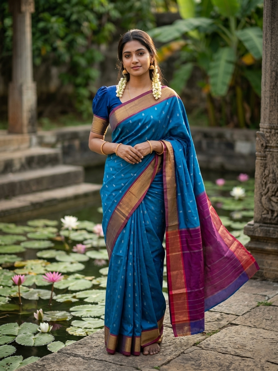 Southloom Semi Silk Saree With Butta Work Across in Body Blue And Maroon