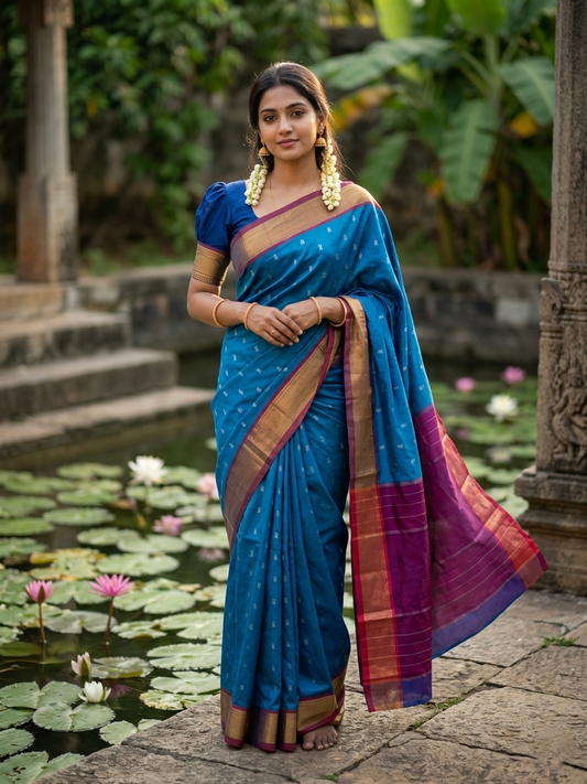 Southloom Semi Silk Saree With Butta Work Across in Body Blue And Maroon