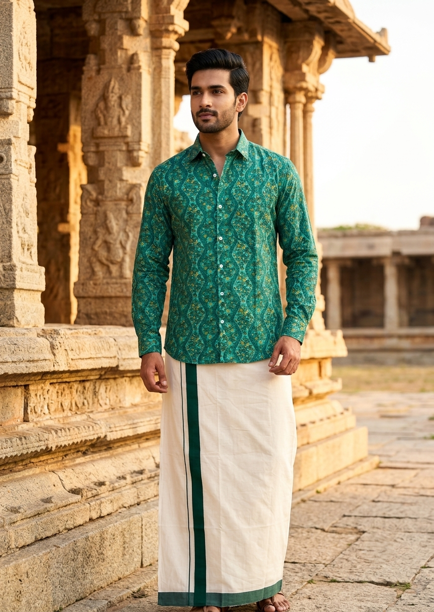 Southloom Cotton Jaipur Printed Men's Combo Full Sleeve (Shirt + Mundu) SLCOMBO SL564