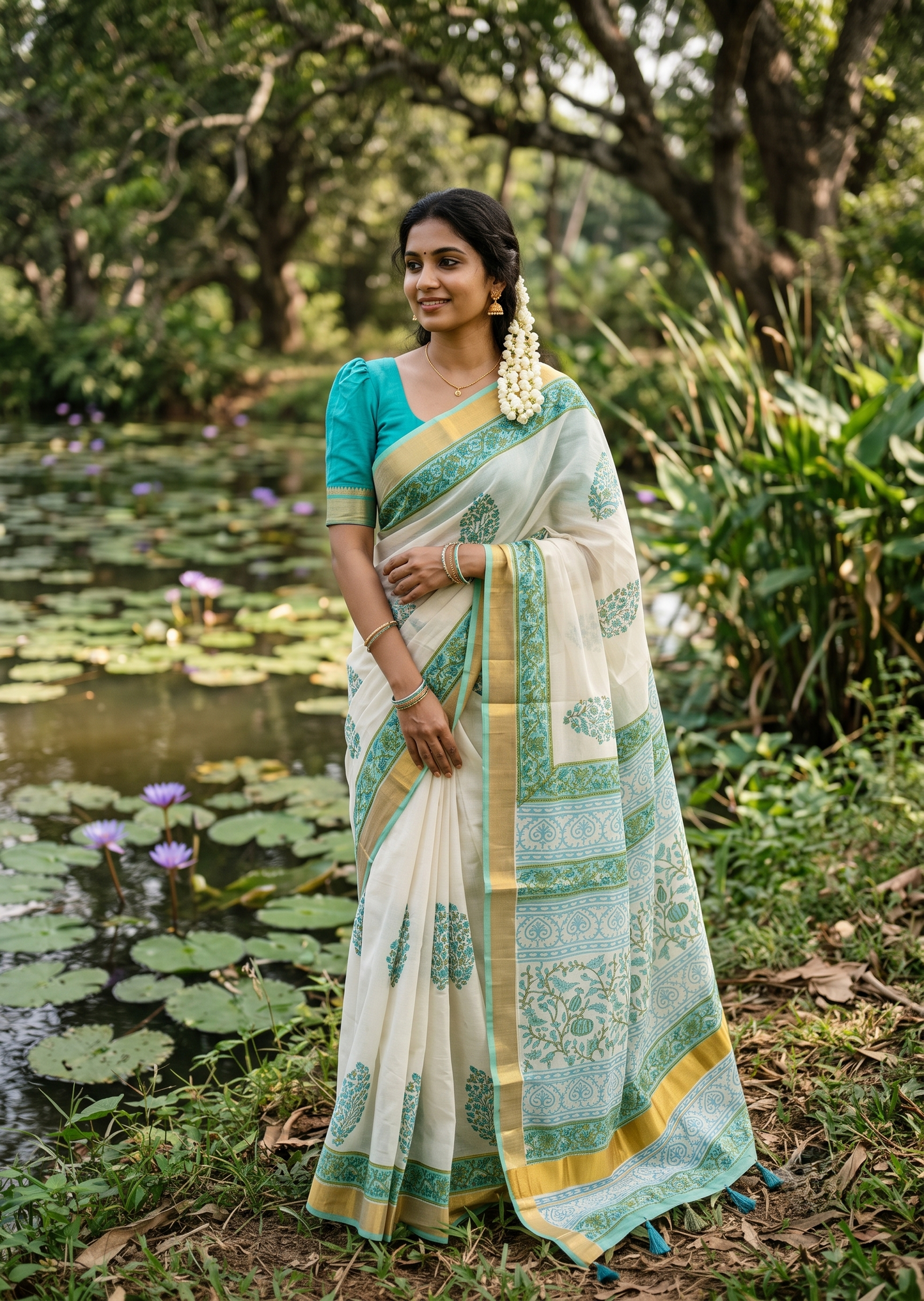 Southloom Cotton Kerala Kasavu Saree with Jaipur Block Printed on Body And Borders in Turquoise SL561