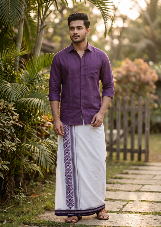 Southloom White Purple Printed Single Mundu / Otta Mundu / Lungi (South Indian Kerala Dhoti) SL622