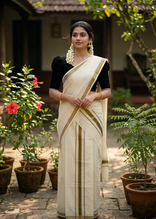 Southloom Pure Cotton Kerala Single Set Mundu (Mundum Neriyathum) with Black Kasavu Border in 2.80 Mtrs