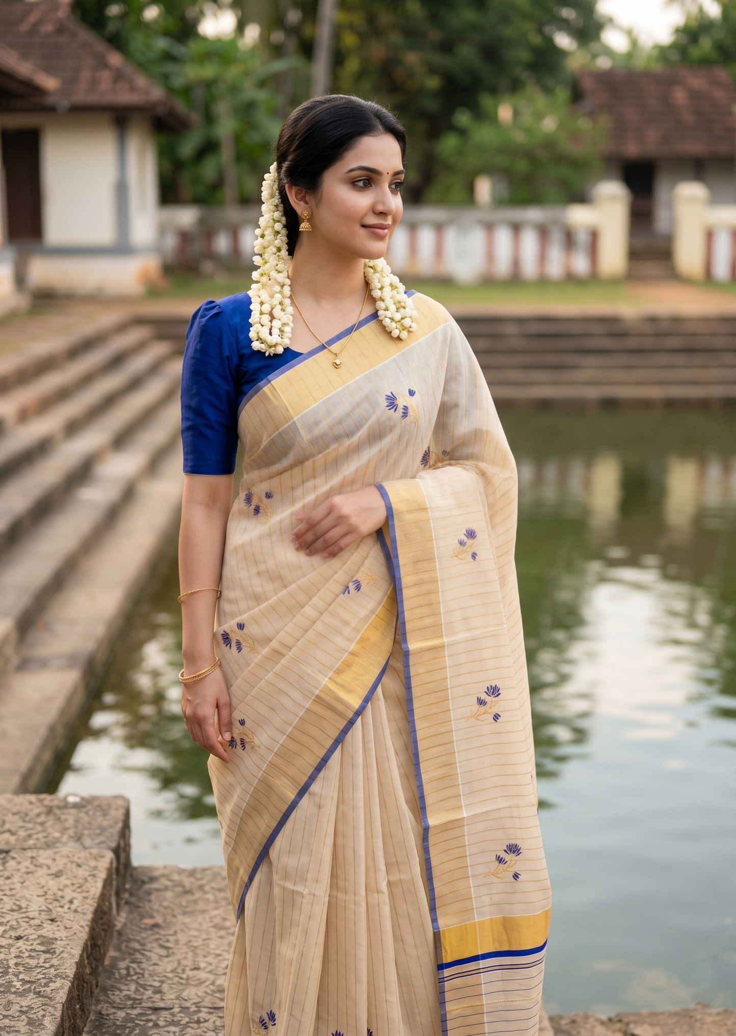 Kerala Tissue Saree With Blue Floral Embroidery Design In SL249