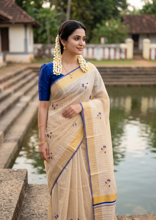 Kerala Tissue Saree With Blue Floral Embroidery Design In SL249