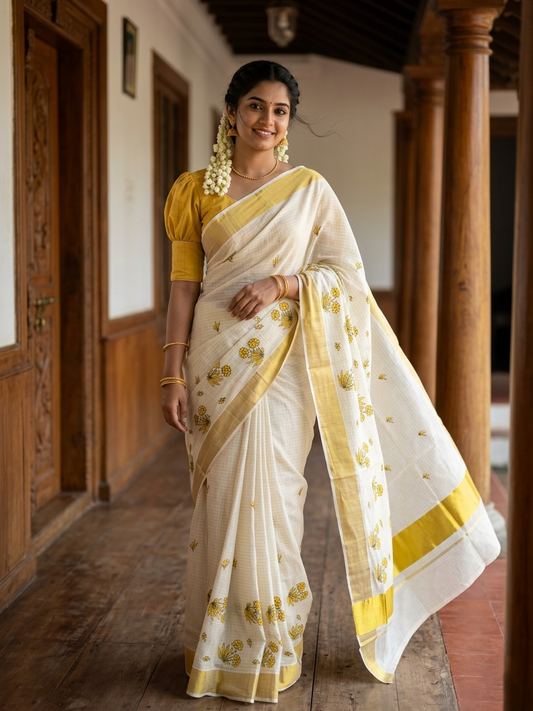 Southloom Woven Check Kasavu Saree with Floral Embroidery in Yellow and Green