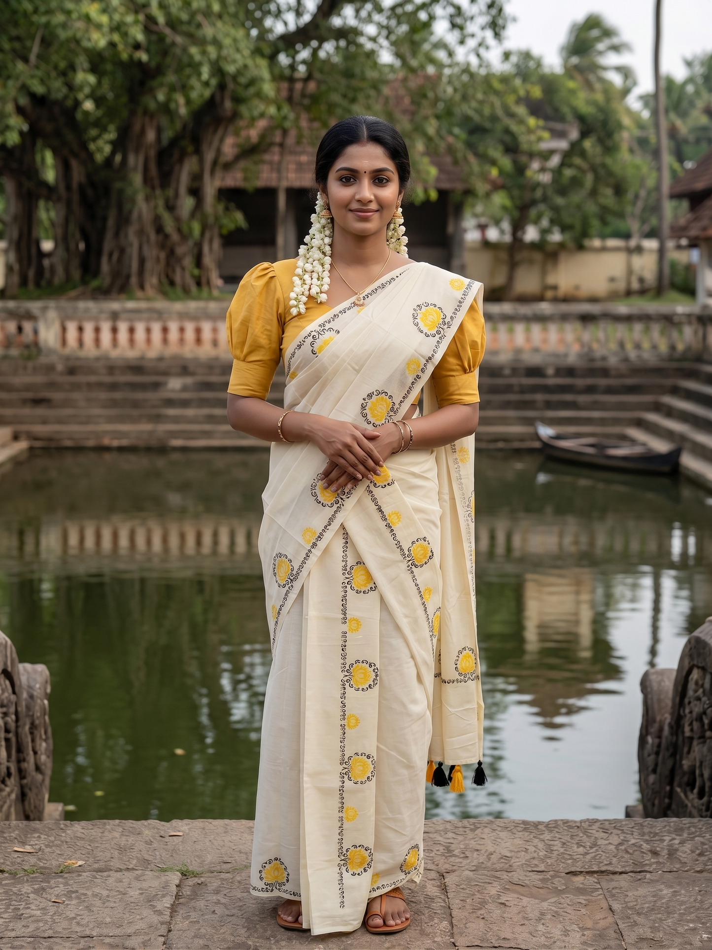 Southloom Kerala Cotton Single Set Mundu (Mundum Neriyathum) with Yellow &Black Lotus Block Printed Design