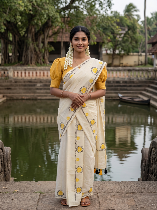 Southloom Kerala Cotton Single Set Mundu (Mundum Neriyathum) with Yellow &Black Lotus Block Printed Design