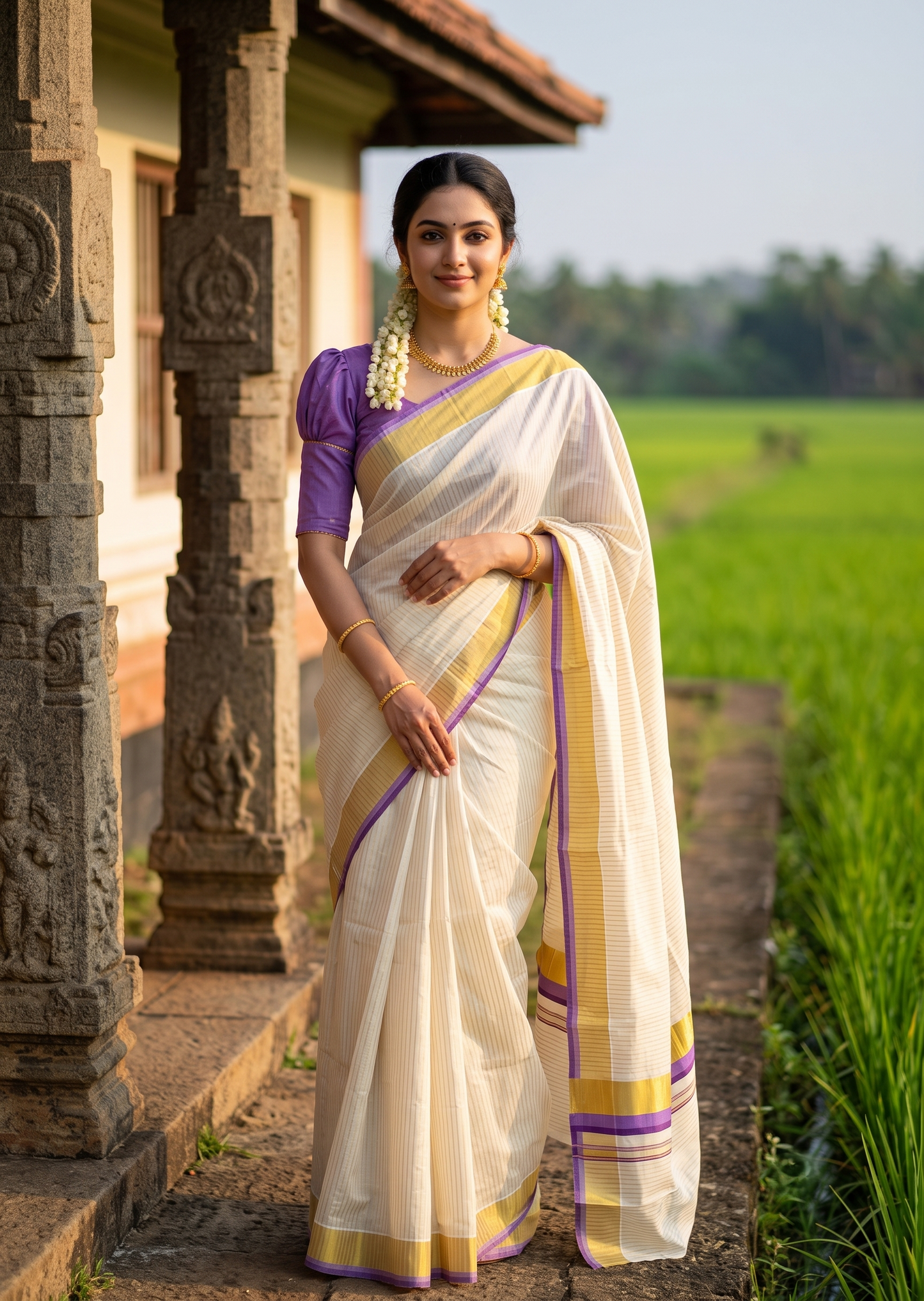 Southloom Kerala Cotton Kasavu Saree with Stripes on Body In Lavender & Purple SL506