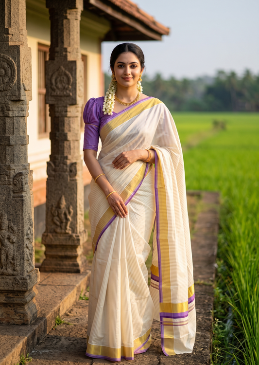 Southloom Kerala Cotton Kasavu Saree with Stripes on Body In Lavender & Purple SL506