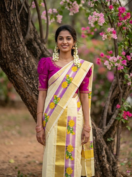 Kerala Tissue Single Set Mundu (Mundum Neriyathum) with Yellow Floral Block Prints in Violet Border 2.80 Mtrs