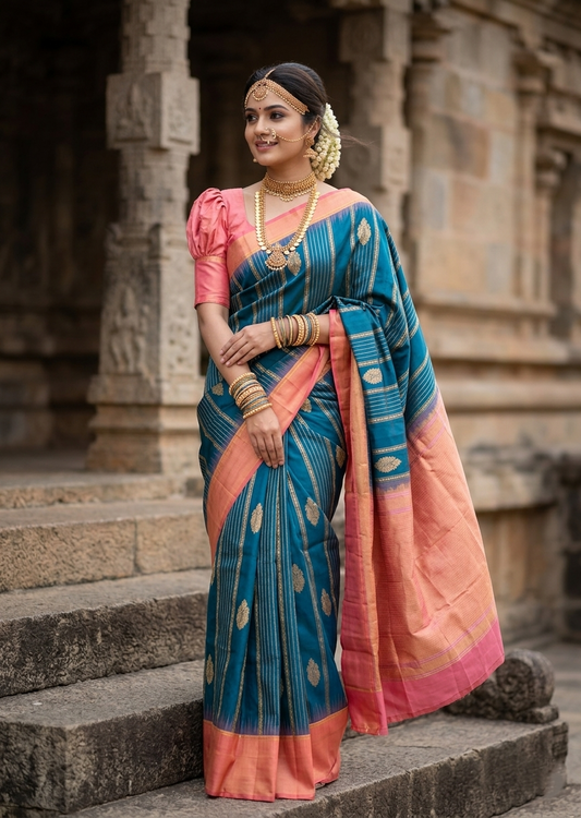 Southloom Pure Handloom Bridal Kanchipuram Silk Saree with Korvai Work (Pink & Blue)