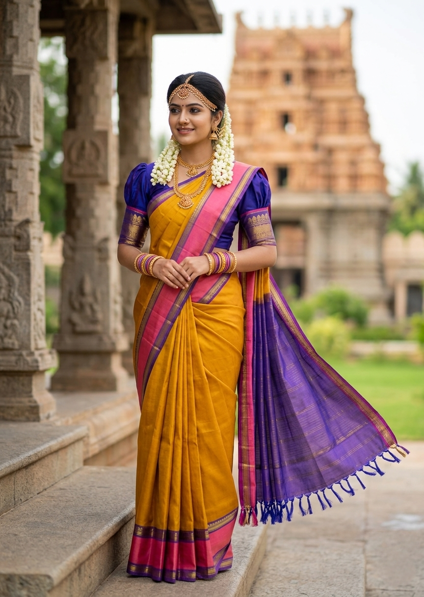 Southloom Pure Handloom Bridal Kanchipuram Silk Saree with Korvai Work (Yellow & Blue)