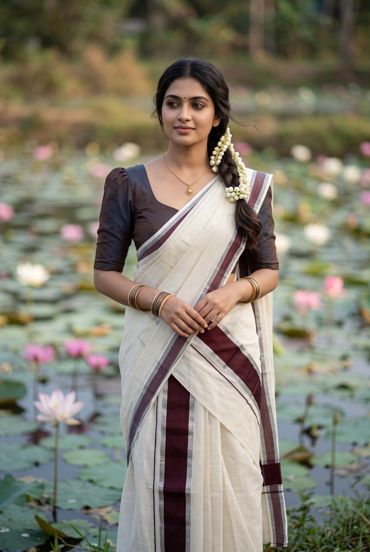 Kerala Cotton Mundum Neriyathum Single (Set Mundu) with Dark Brown and Silver Kasavu Border 2.80 Mtrs  SLKK SL470