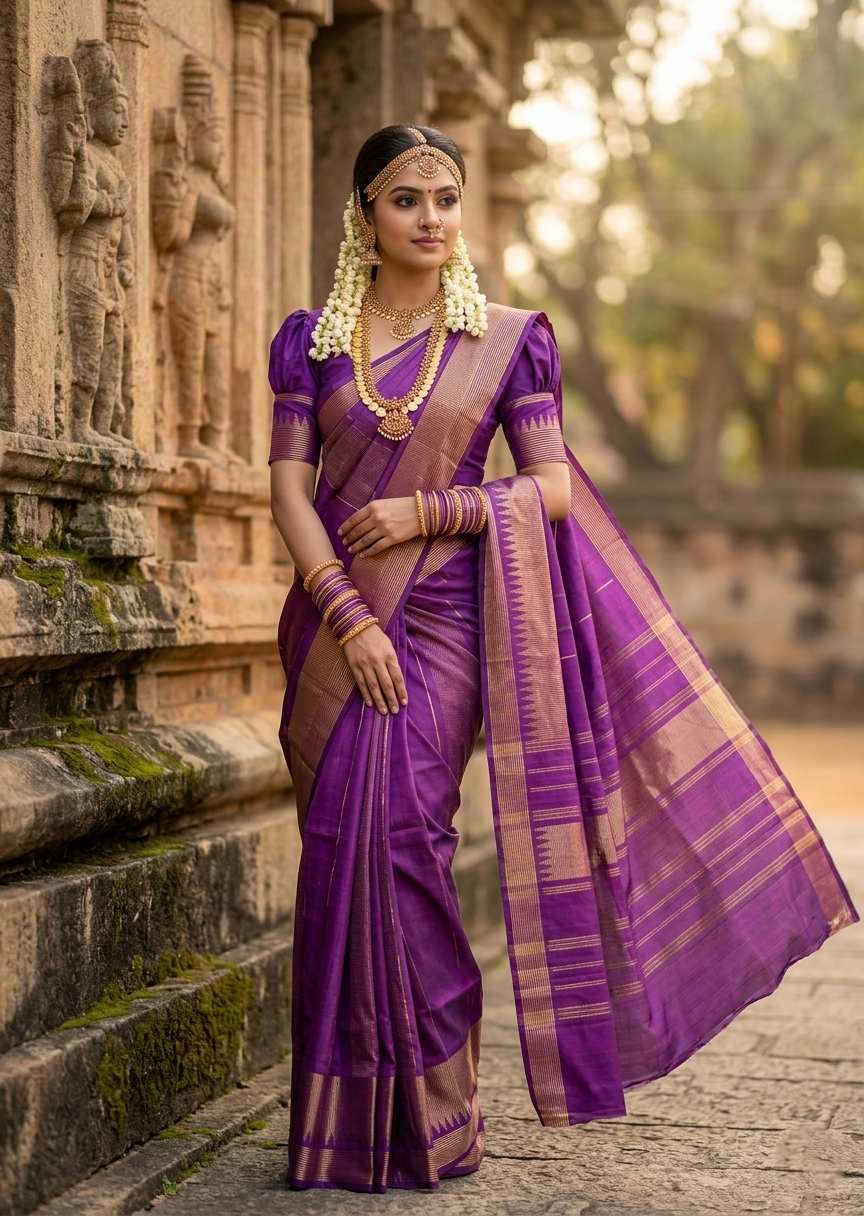 Southloom Pure Handloom Bridal Kanchipuram Silk Saree with Korvai Work (Violet)