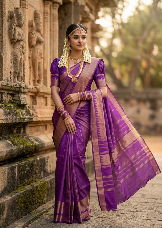 Southloom Pure Handloom Bridal Kanchipuram Silk Saree with Korvai Work (Violet)