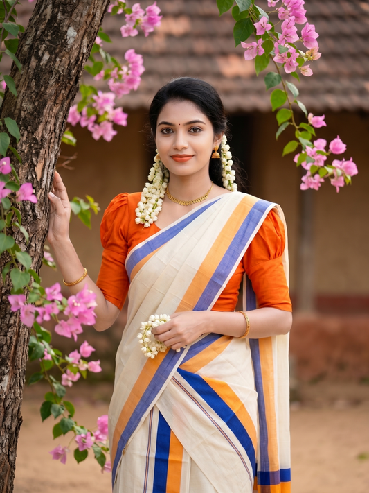 Southloom Kerala Mulloth Cotton Single Mundum Neriyathum with Multicolor Border In 2.80 Mtrs SL243