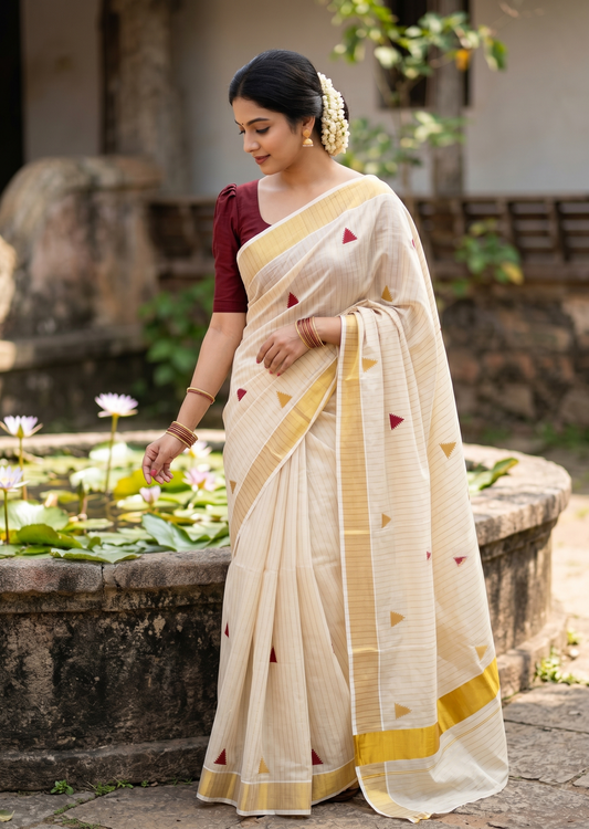 Kerala Tissue Kasavu Stripes Saree with Maroon and Gold Temple Embroidery Design on Body SL432