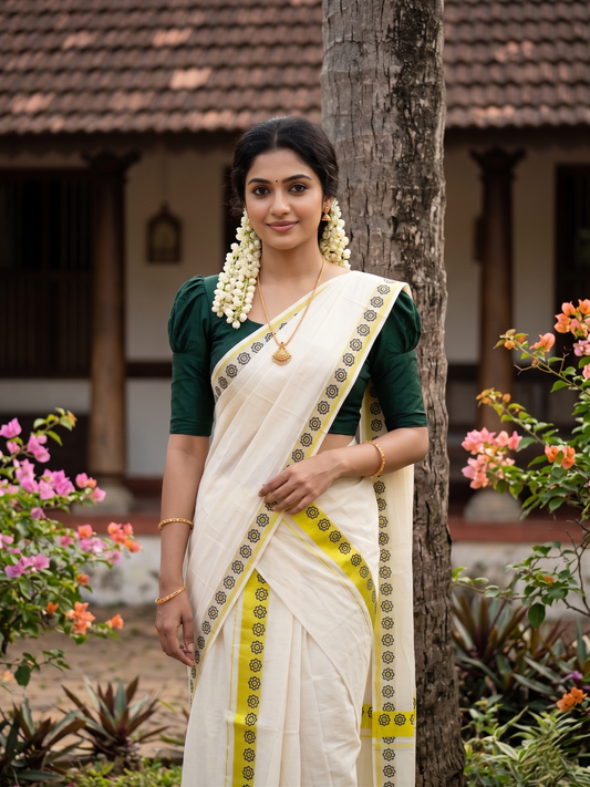Southloom Kerala Mulloth Cotton Single Mundum Neriyathum with Digital Prints in Green 2.80 Mtrs SL378