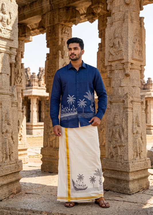 Southloom Linen Cotton Onam Embroidery Design Men's Combo In Blue (Shirt + Mundu) SLCOMBO SL555