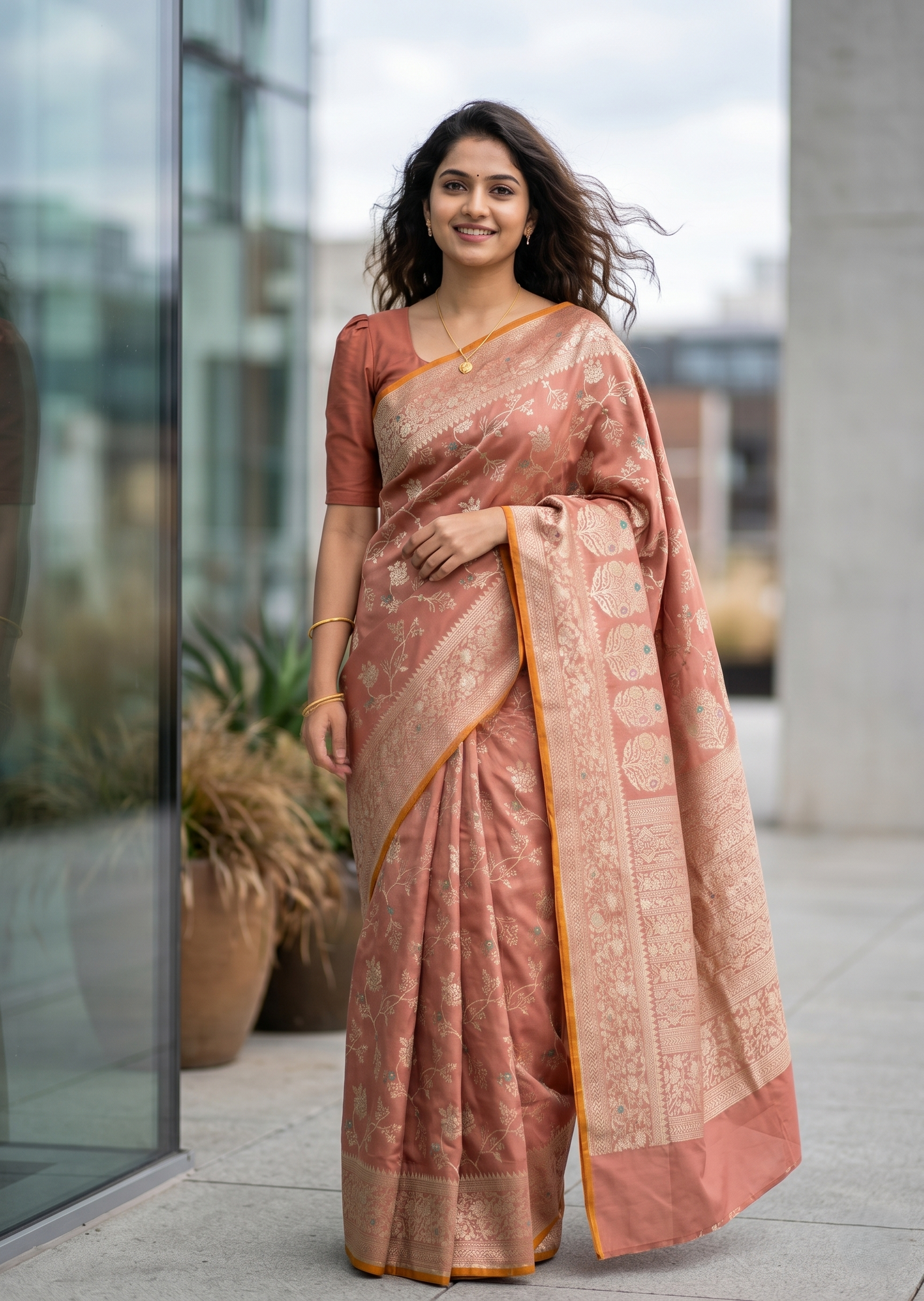 Southloom Pure Banarasi Silk Saree with Woven Work on Body and Borders (Pastel Peach)