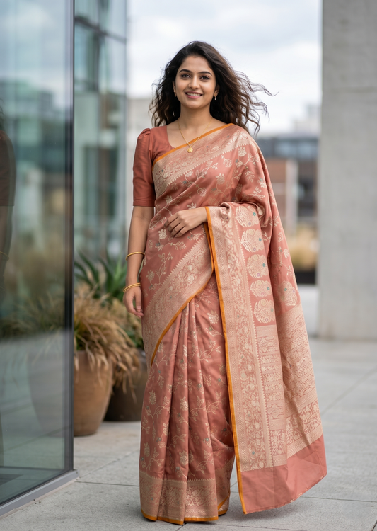 Southloom Pure Banarasi Silk Saree with Woven Work on Body and Borders (Pastel Peach)