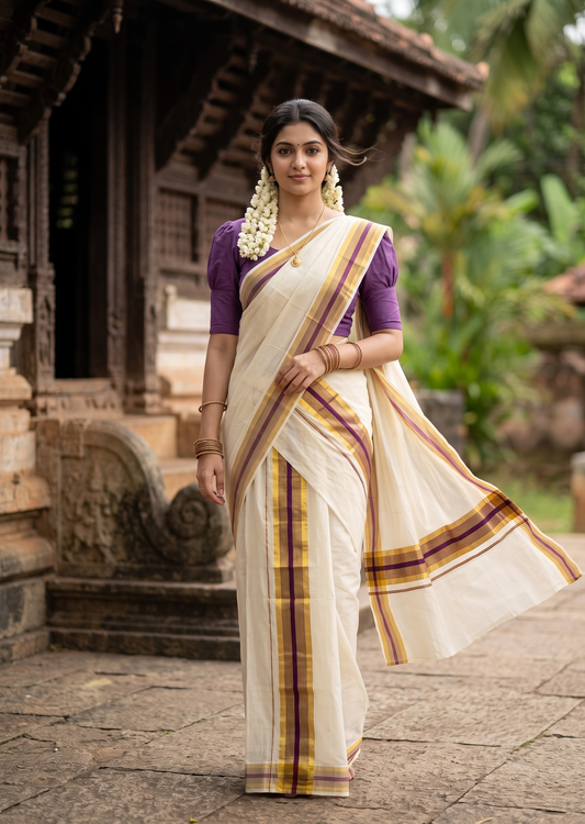 Southloom Pure Cotton Kerala Single Set Mundu (Mundum Neriyathum) with Purple and Kasavu Border 2.80 Mtrs SLKK