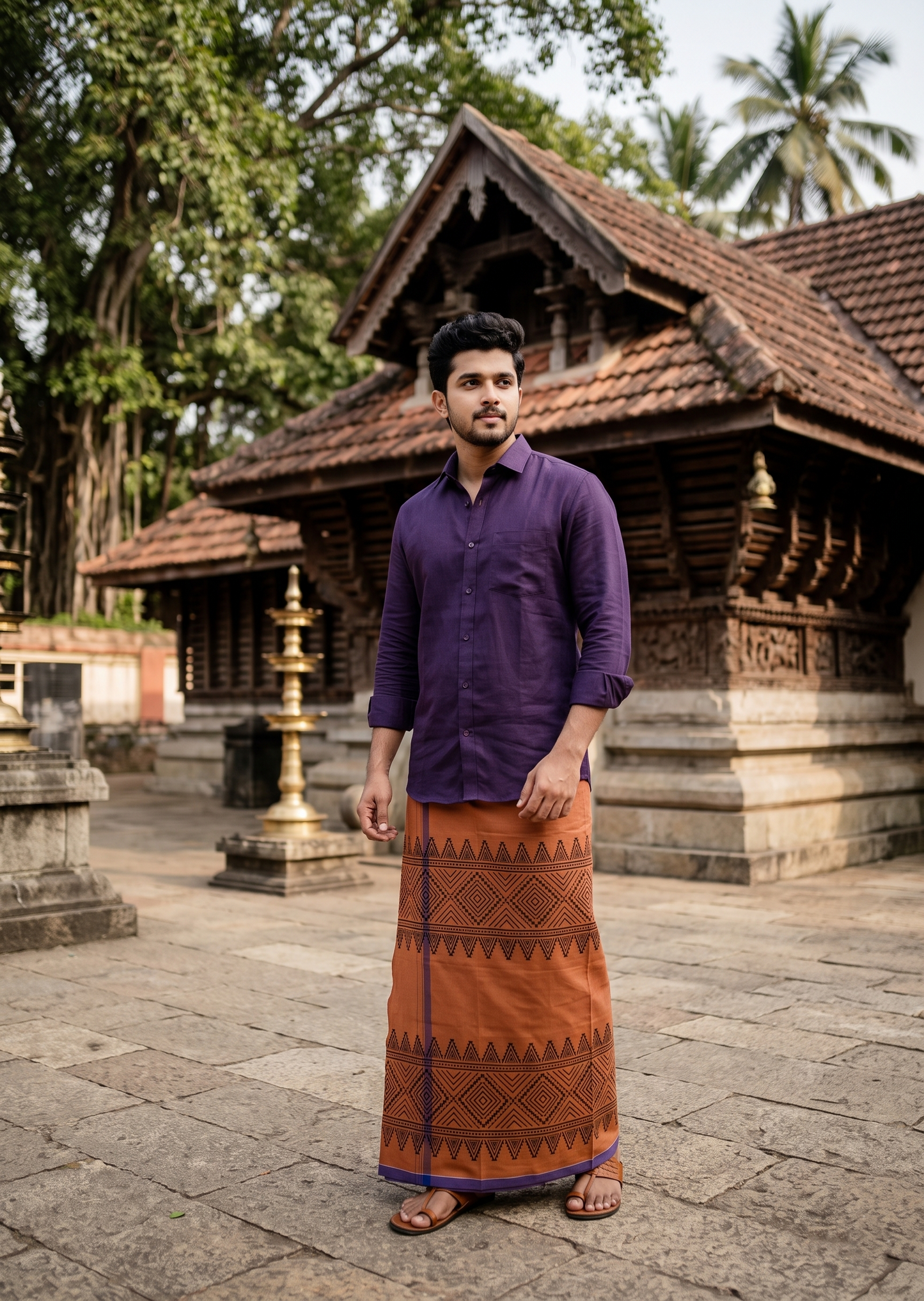 Southloom Saffron (Kaavi) Black Printed Single Mundu / Lungi (South Indian Kerala Dhoti) SL319