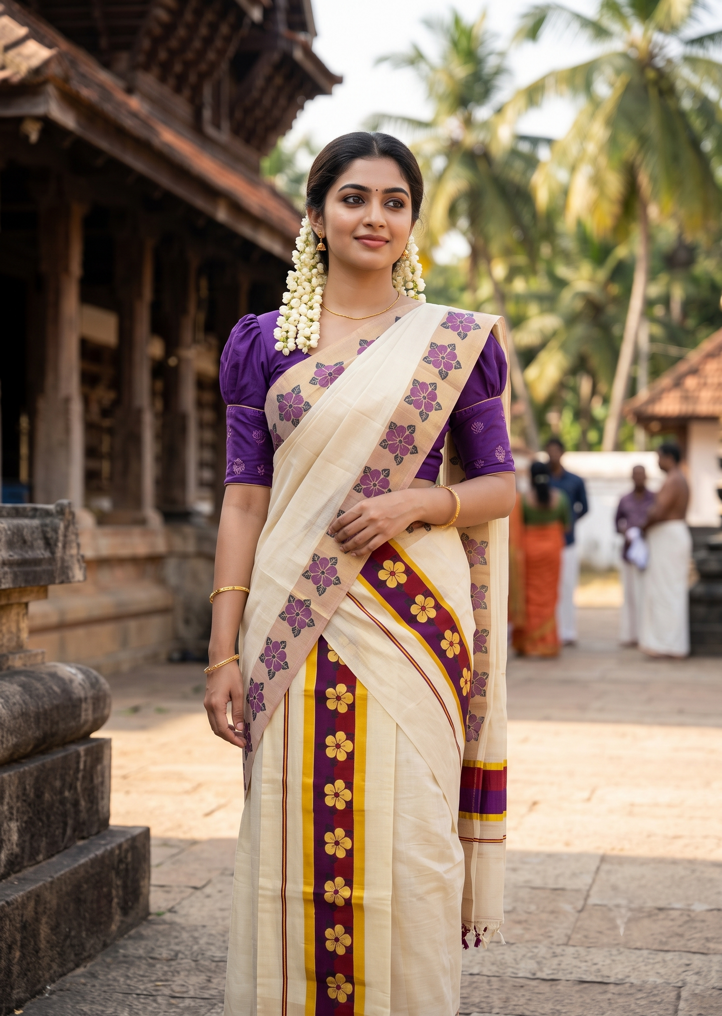Kerala Pure Tissue Set Mundu Single (Mundum Neriyathum) with Floral Prints on Gold Kasavu Border in 2.80 Mtrs SL569