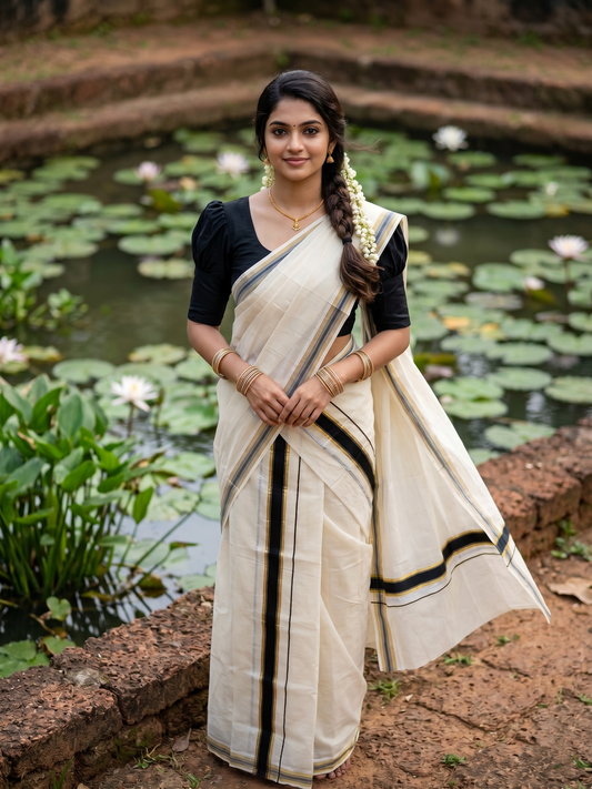 Kerala Cotton Mundum Neriyathum Single (Set Mundu) with Black and Kasavu Border 2.80 Mtrs SLKK SL470