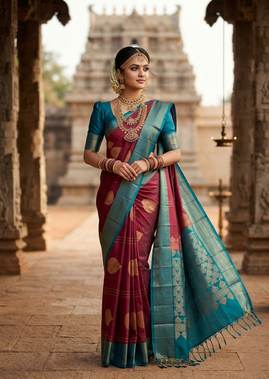 Southloom Pure Handloom Kanchipuram Silk Saree with Butta Work (Maroon & Blue)