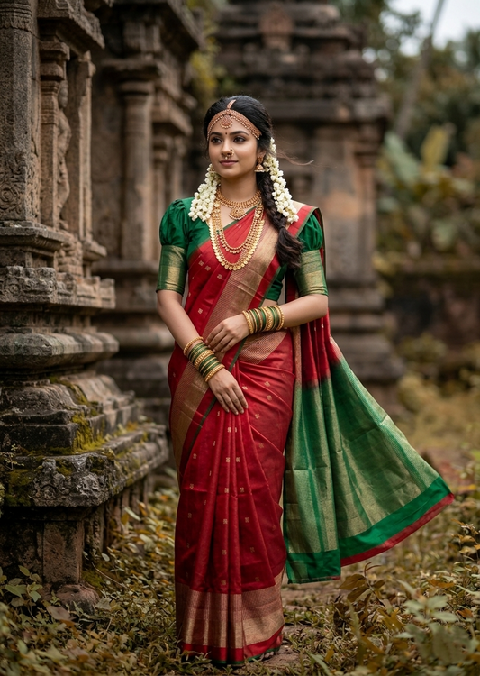 Southloom Pure Handloom Kanchipuram Silk Saree with Korvai Work (Maroon & Green)