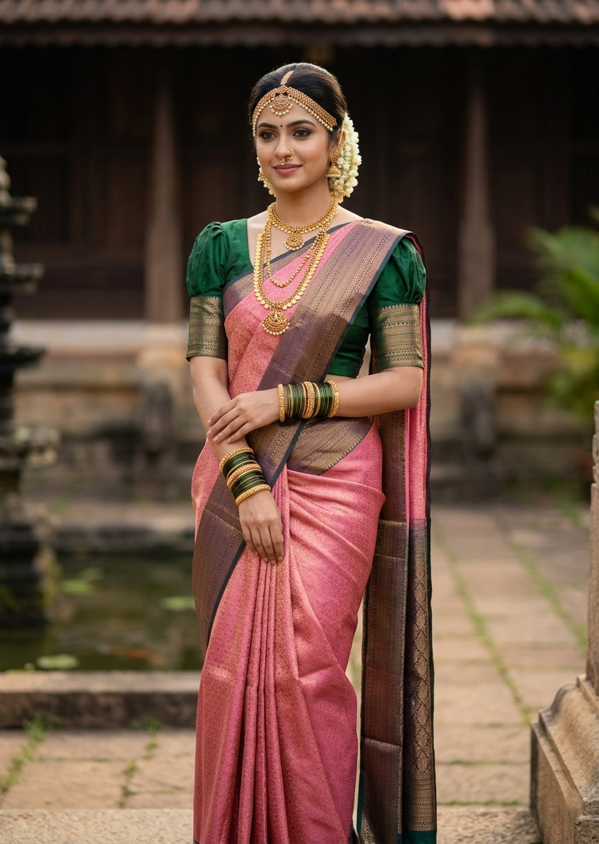 Southloom Premium Semi Silk Zari Work Bridal Brocade Saree in Pink with Matching Pallu