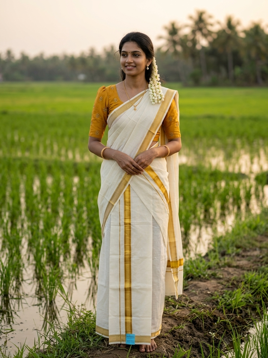 Southloom Pure Cotton Kerala Kasavu Set Mundu (Mundum Neriyathum) Gold Kasavu & Mustard Yellow Border 2.80 Mtrs
