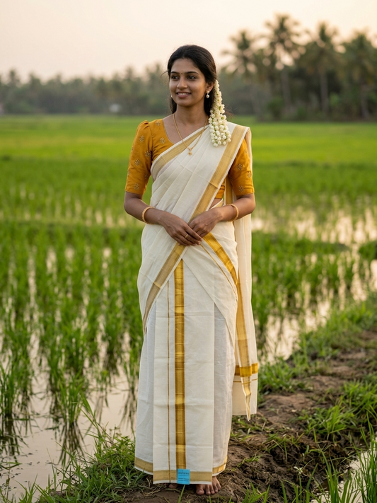 Southloom Pure Cotton Kerala Kasavu Set Mundu (Mundum Neriyathum) Gold Kasavu & Mustard Yellow Border 2.80 Mtrs