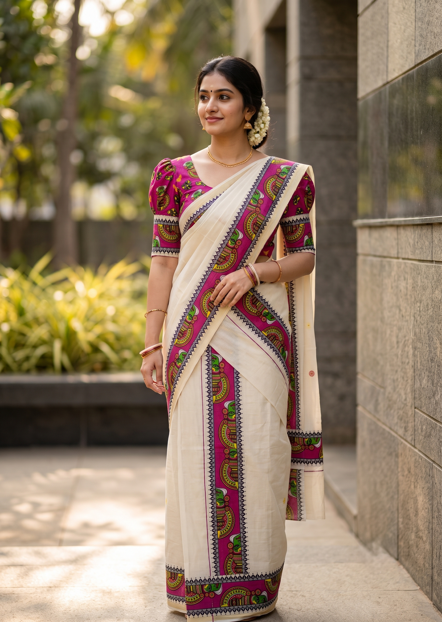 Southloom Kerala Pure Cotton Set Mundu (Mundum Neriyathum) with Blue Kathakali Block Prints on Border-2.80Mtrs SL621
