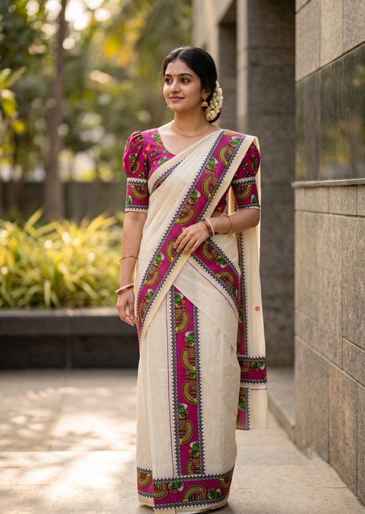 Southloom Kerala Pure Cotton Set Mundu (Mundum Neriyathum) with Blue Kathakali Block Prints on Border-2.80Mtrs SL621