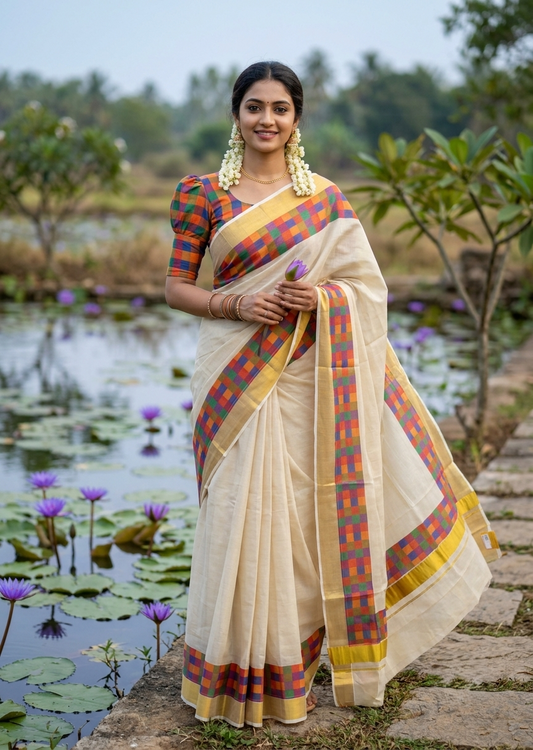 Southloom Kerala Tissue Kasavu Saree in Madras Check Design SL600
