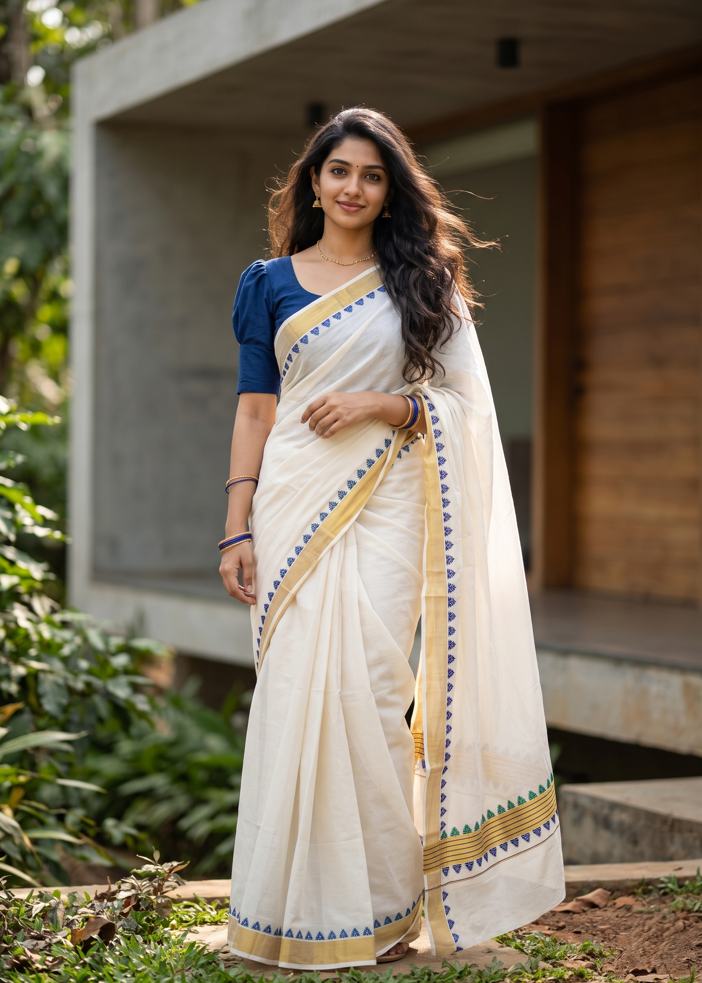 Southloom Kerala Cotton Kasavu Saree With Blue and Green Printed Borders