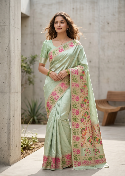 Southloom Pure Banarasi Silk Saree with Woven Work on Body and Borders (Pastel Green)