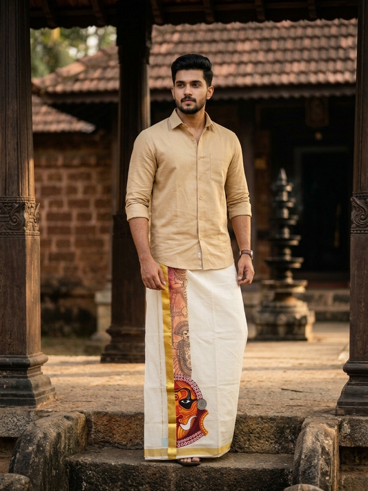 Southloom Pure Cotton Hand Painted Double Mundu (South Indian Kerala Dhoti)SL330