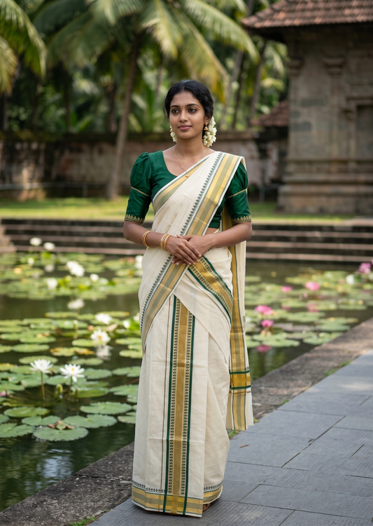 Southloom Cotton Single Set Mundu (Mundu Neriyathum) With Gold Kasvu And Temple Design in Green 2.80 Mtrs SL390