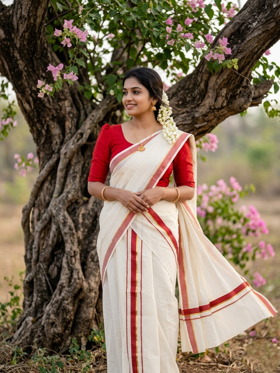 Pure Cotton Kerala Single Set Mundu (Mundum Neriyathum) with Red Kasavu Border in 2.80 Mtrs