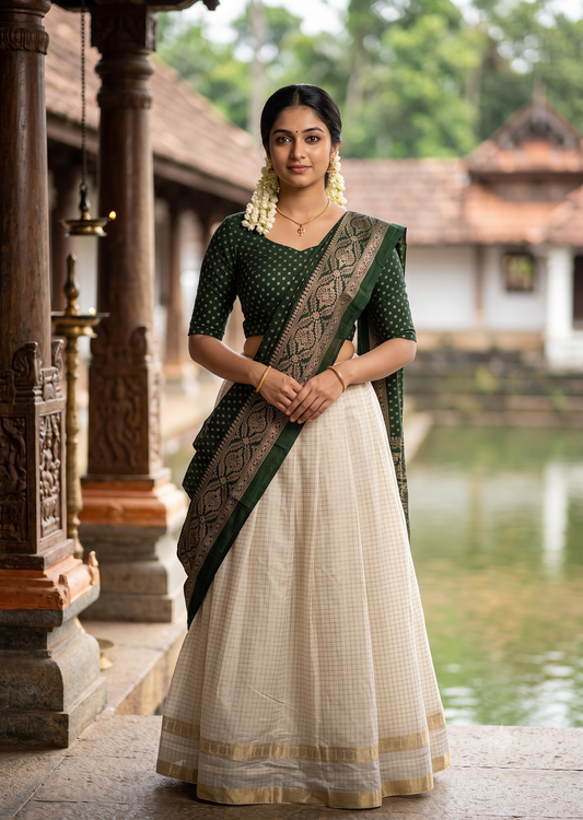 Southloom Semi UnStitched Check Dhavani Set with Pavada and Blouse Piece SL582