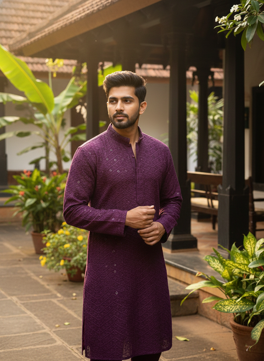Southloom Chikankari Short Kurta for Men in Purple Colour
