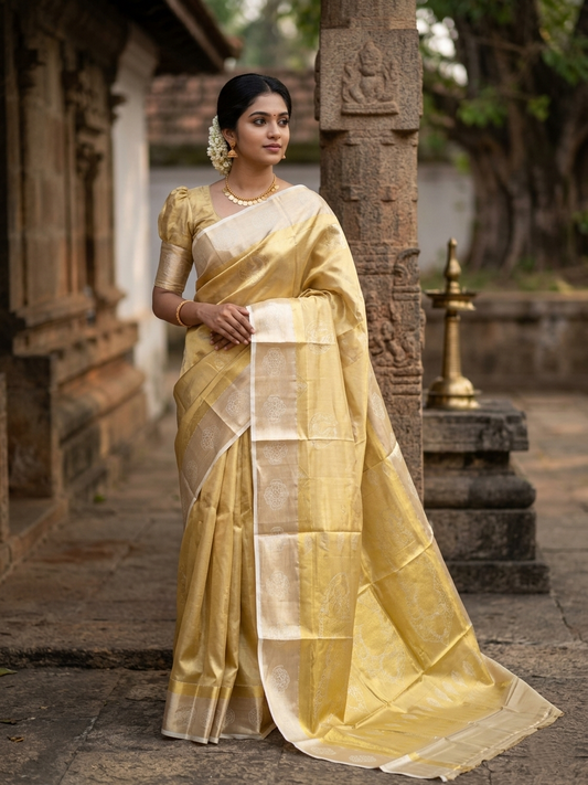 Southloom  Kerala Tissue Kasavu Heavy Work Saree with Paisley Floral Woven Design