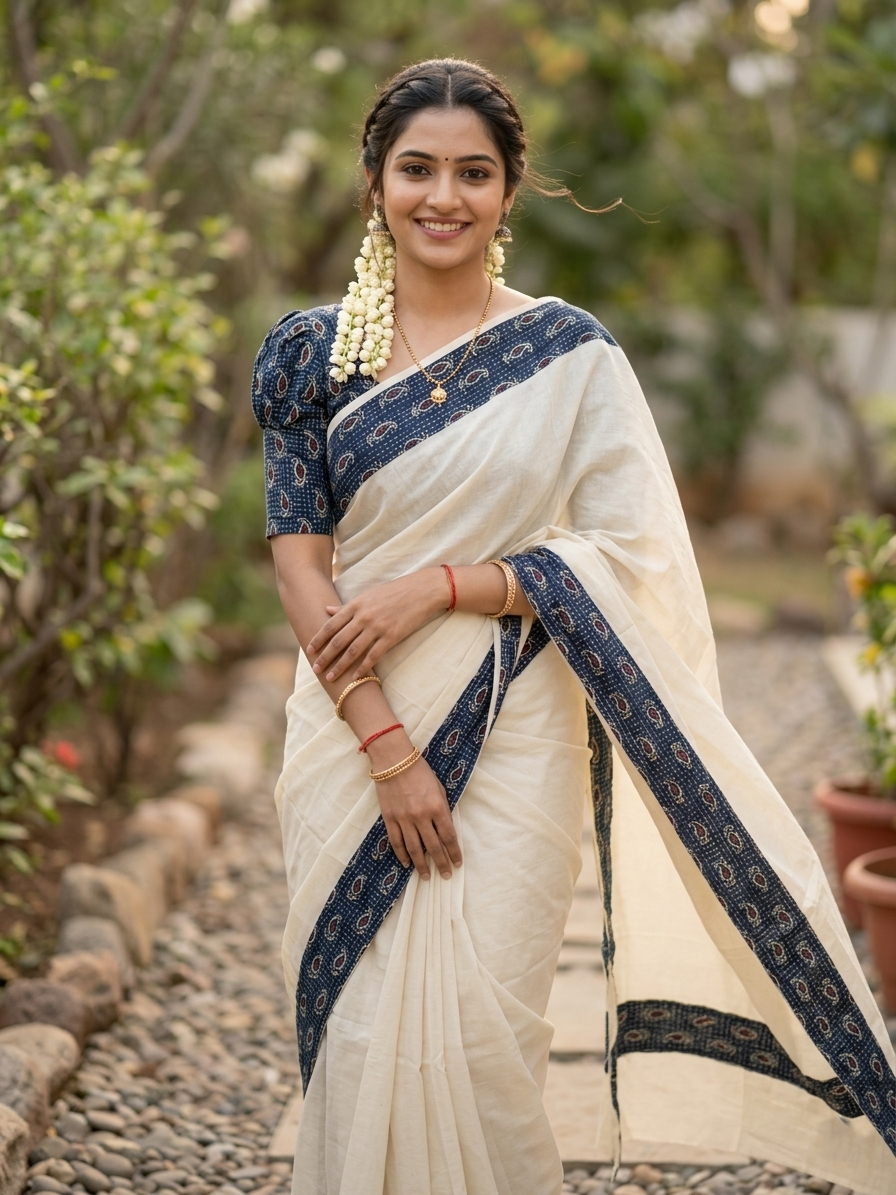 Southloom Cotton Kerala  Saree with Ajrakh Printed